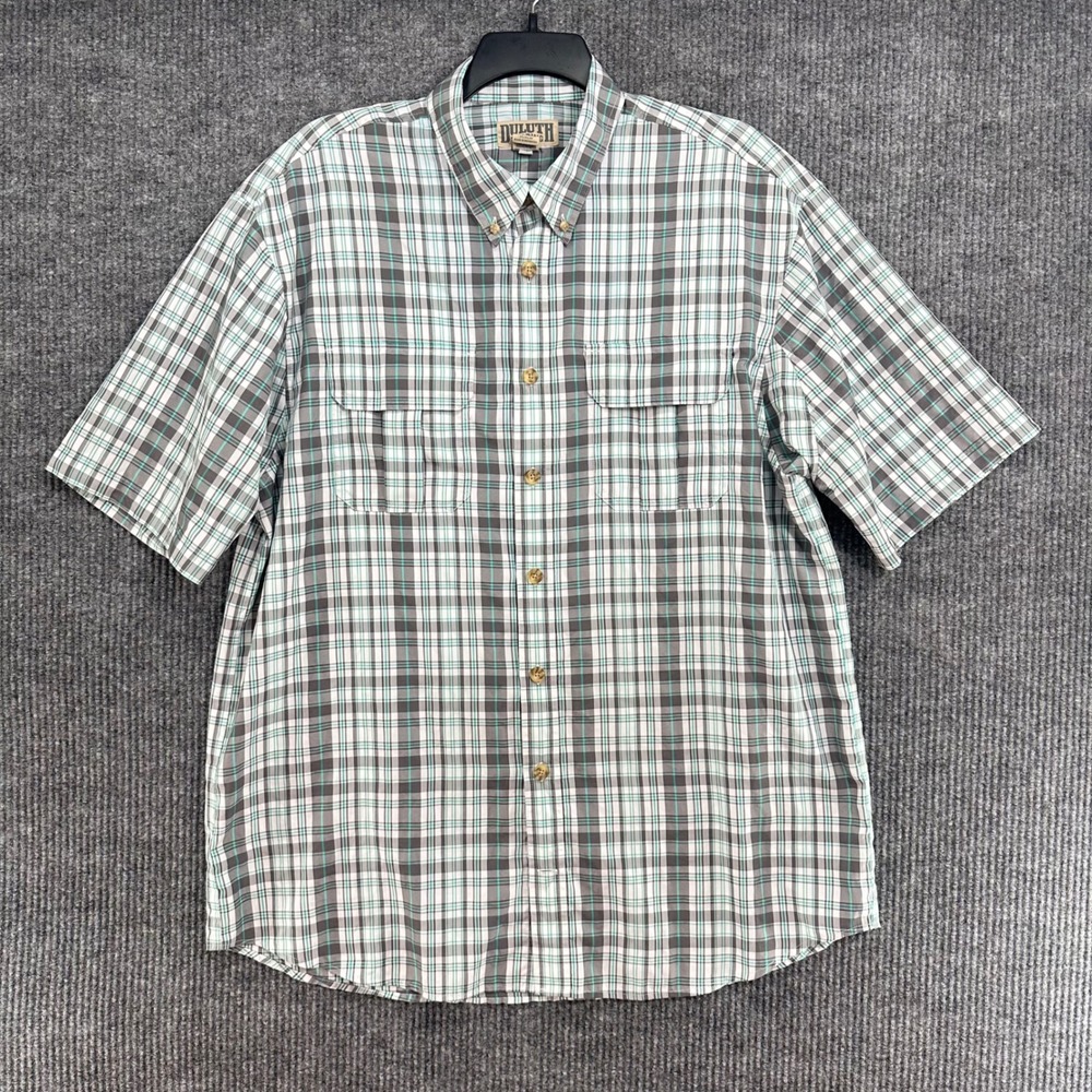 Duluth Trading Co Shirt Mens XL Tall Gray Teal Plaid Short Sleeve Excellent